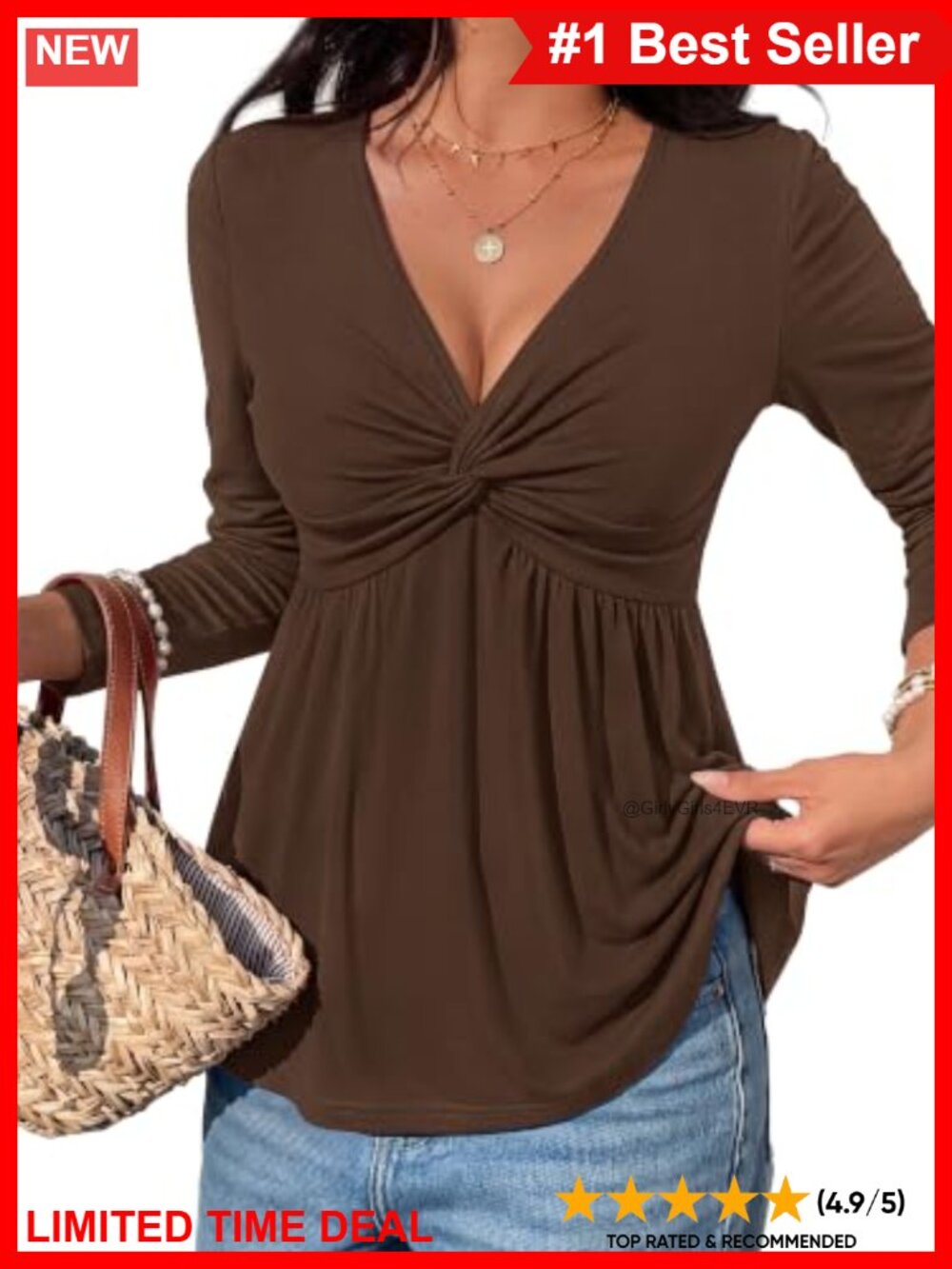 Women's Babydoll Peplum Top Long Sleeve V-Neck Knit Blouse